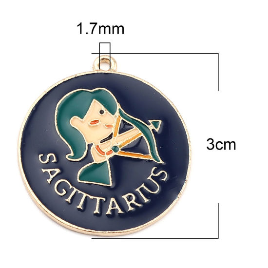 Immagine di Lega di Zinco Ciondoli Tondo Oro Placcato Blu Scuro Costellazione Sagittario Smalto 30mm x 27mm , 5 Pz