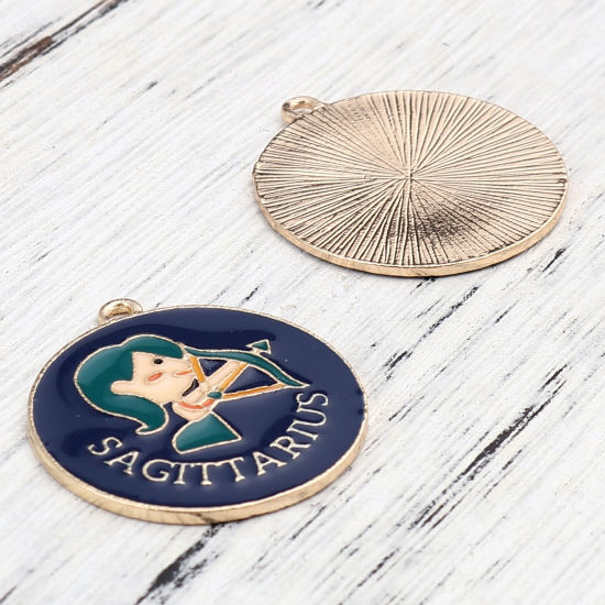 Immagine di Lega di Zinco Ciondoli Tondo Oro Placcato Blu Scuro Costellazione Sagittario Smalto 30mm x 27mm , 5 Pz