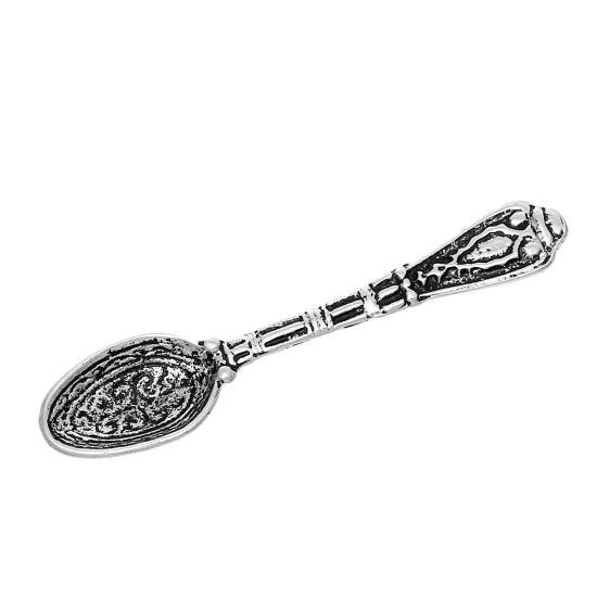 Picture of Zinc Based Alloy 3D Pendants Spoon Tableware Antique Silver Color Pattern Carved 43mm(1 6/8") x 10mm( 3/8"), 50 PCs