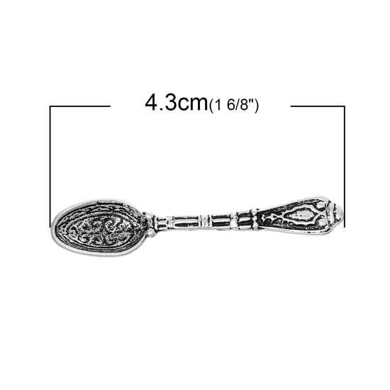 Picture of Zinc Based Alloy 3D Pendants Spoon Tableware Antique Silver Color Pattern Carved 43mm(1 6/8") x 10mm( 3/8"), 50 PCs