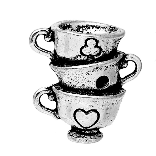 Picture of Zinc Based Alloy 3D Charms Cup Tableware Antique Silver Color (Can Hold ss12 Rhinestone) Heart Carved 20mm( 6/8") x 19mm( 6/8"), 5 PCs