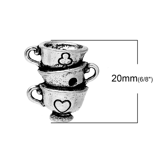 Picture of Zinc Based Alloy 3D Charms Cup Tableware Antique Silver Color (Can Hold ss12 Rhinestone) Heart Carved 20mm( 6/8") x 19mm( 6/8"), 5 PCs