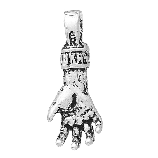 Image de Pendentifs en Alliage de Zinc Main Argent Vieilli Gravé Caractère 23mm x 9mm, 50 Pcs