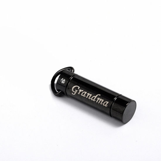 Picture of Stainless Steel Cremation Ash Urn Pendants Cylinder Black Message " Grandma " Can Open 30mm x 9mm, 1 Piece