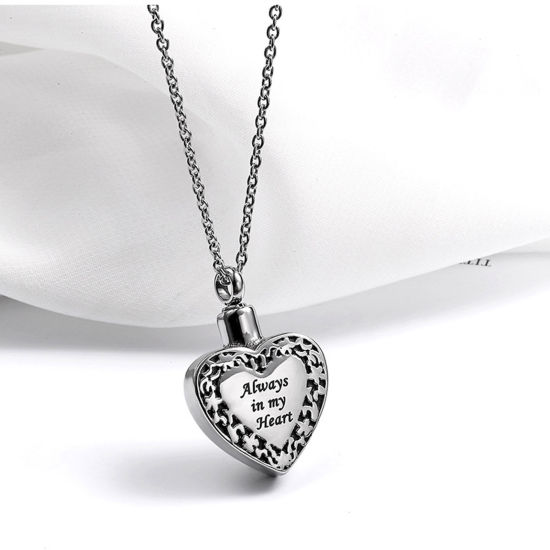 Image de Pendentifs en Acier Inoxydable Urne Funéraire de Crémation Cœur Argent Mat Gravé Mots" Always In My Heart " Émail 30mm x 21mm , 1 Pièce