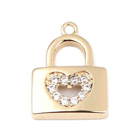 Picture of Brass Micro Pave Charms Lock 18K Real Gold Plated Heart Clear Rhinestone 13mm x 10mm, 2 PCs