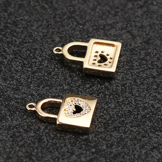 Picture of Brass Micro Pave Charms Lock 18K Real Gold Plated Heart Clear Rhinestone 13mm x 10mm, 2 PCs
