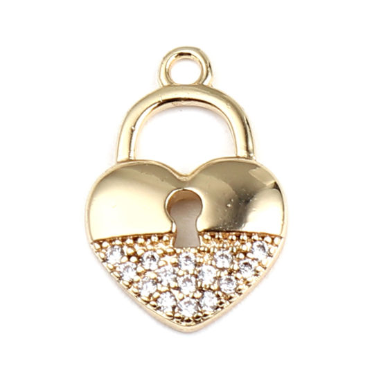 Picture of Brass Micro Pave Charms Heart 18K Real Gold Plated Lock Clear Rhinestone 15mm x 10mm, 1 Piece