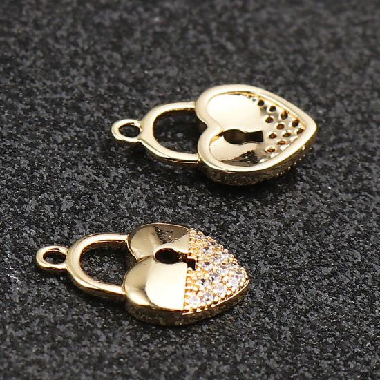 Picture of Brass Micro Pave Charms Heart 18K Real Gold Plated Lock Clear Rhinestone 15mm x 10mm, 1 Piece