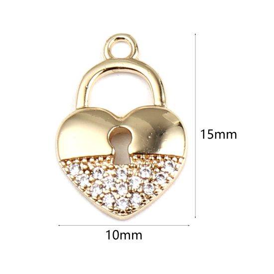 Bild von Messing Micro Pave Charms Herz 18K Vergoldet Schloss Transparent Strass 15mm x 10mm, 1 Stück