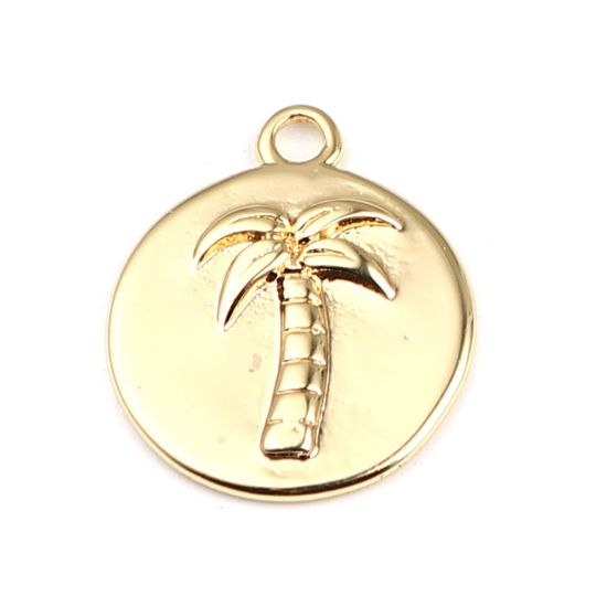 Picture of Brass Charms Round Disc 18K Real Gold Plated Coconut Palm Tree 16mm x 13mm, 3 PCs