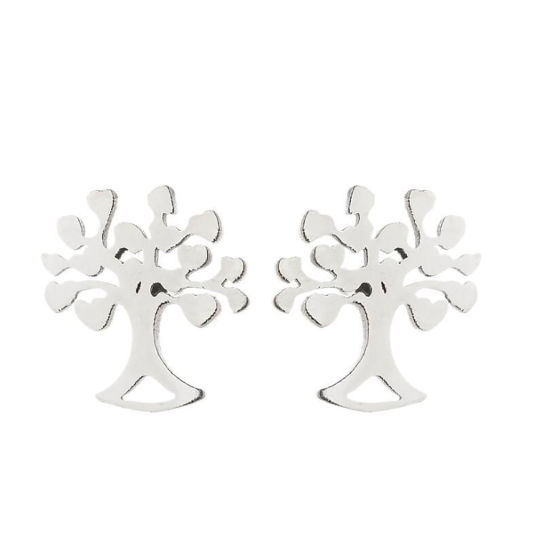Picture of Stainless Steel Ear Post Stud Earrings Silver Tone Tree of Life 10mm x 9mm, 1 Pair