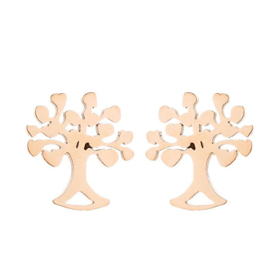 Picture of Stainless Steel Ear Post Stud Earrings Rose Gold Tree of Life 10mm x 9mm, 1 Pair