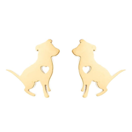Picture of Stainless Steel Ear Post Stud Earrings Gold Plated Dog Animal 12mm x 10mm, 1 Pair