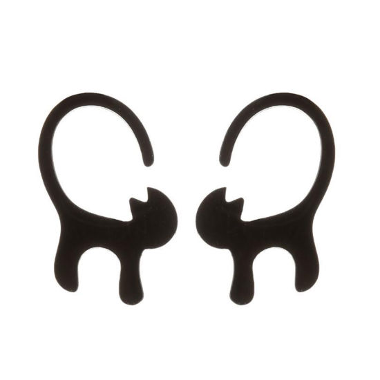 Picture of Stainless Steel Ear Post Stud Earrings Black Cat Animal 14mm x 8mm, 1 Pair