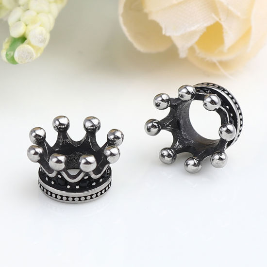 ステンレス鋼 ビーズ クラウン 銀古美 ブラックラインストーン 12mm x 7mm、 穴：約 6.1mm、 1 個 の画像