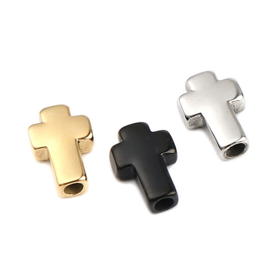 Imagen de 1 Unidad Recubrimiento al Vacío PVD Ecológico Acero Inoxidable Religión Cuentas Para Hacer Joyas De Bricolaje Negro Cruz 14mm x 10mm, Agujero: Aprox 2.7mm