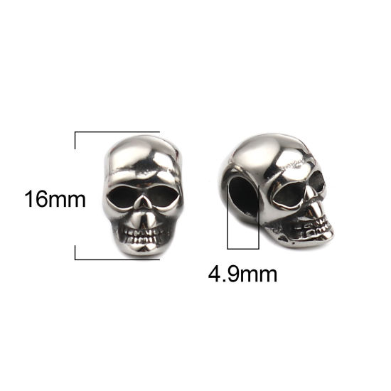 Imagen de Acero Inoxidable Halloween Cuentas Cráneo Plata Antigua 16mm x 9mm, Agujero: Aprox 4.9mm, 1 Unidad