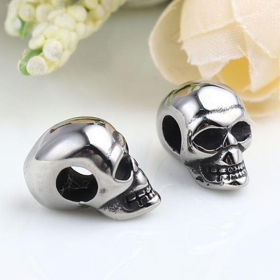 Imagen de Acero Inoxidable Halloween Cuentas Cráneo Plata Antigua 16mm x 9mm, Agujero: Aprox 4.9mm, 1 Unidad