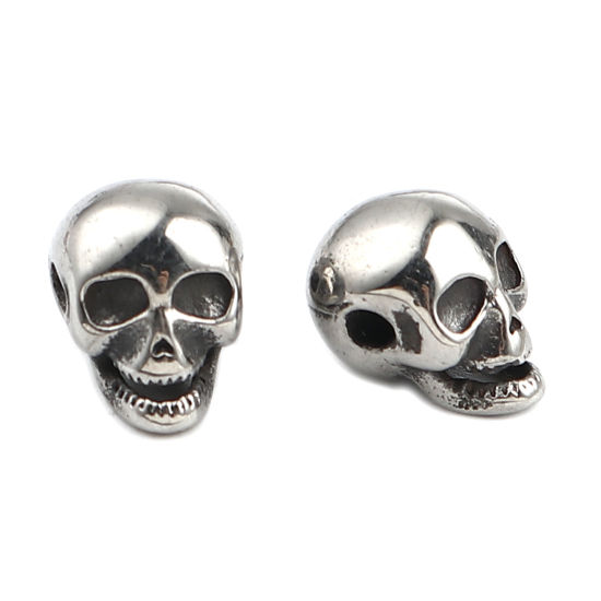 ステンレス鋼 ハロウィン ビーズ スカル 銀古美 12mm x 9mm、 穴：約 2.1mm、 1 個 の画像
