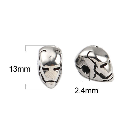 ステンレス鋼 ハロウィン ビーズ スカル 銀古美 13mm x 7mm、 穴：約 2.4mm、 1 個 の画像