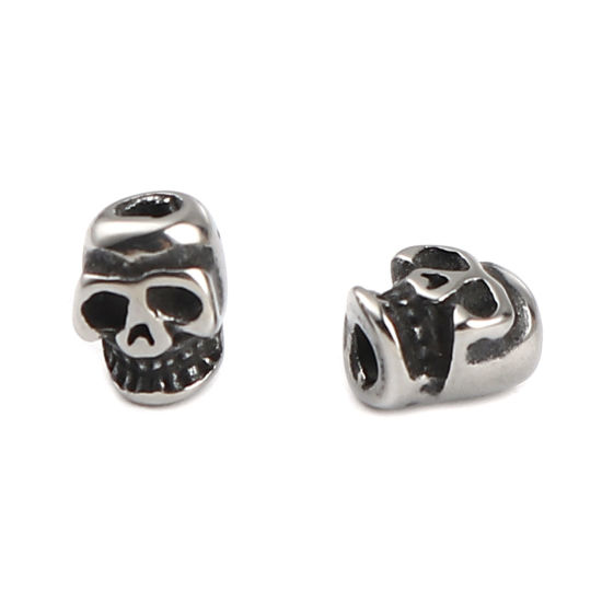 ステンレス鋼 ハロウィン ビーズ スカル 銀古美 7mm x 6mm、 穴：約 1.6mm、 1 個 の画像