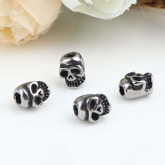 ステンレス鋼 ハロウィン ビーズ スカル 銀古美 7mm x 6mm、 穴：約 1.6mm、 1 個 の画像
