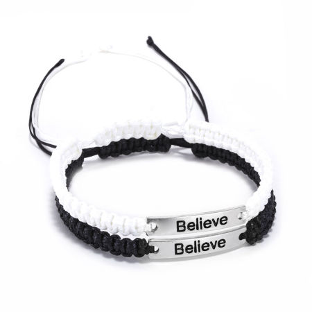 Imagen de Pulseras Trenzadas Terylene de Distancia Negro & Blanco Rectángulo Mensaje " Confiar " Ajustable , 18cm de longitud 1 Juego ( 2 Unidades/Juego)