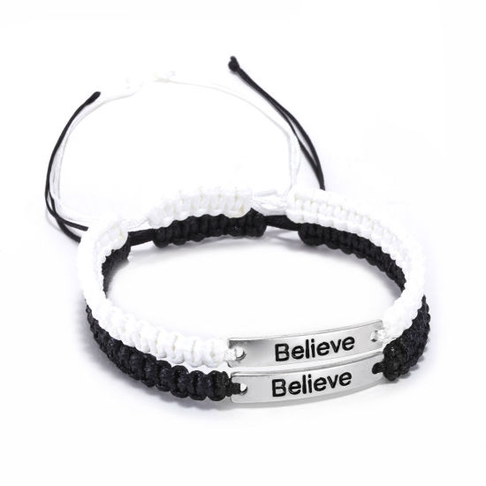 Picture of Polyester Braiding Braided Bracelets Accessories Findings Distance Black & White Rectangle Message " Believe " Adjustable 18cm(7 1/8") long, 1 Set ( 2 PCs/Set)