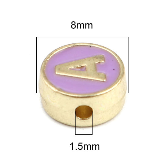 Picture of Zinc Based Alloy Spacer Beads Flat Round Gold Plated Purple Initial Alphabet/ Capital Letter Message " A " About 8mm Dia., Hole: Approx 1.5mm, 10 PCs