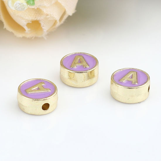 Picture of Zinc Based Alloy Spacer Beads Flat Round Gold Plated Purple Initial Alphabet/ Capital Letter Message " A " About 8mm Dia., Hole: Approx 1.5mm, 10 PCs