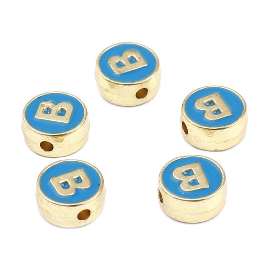 Picture of Zinc Based Alloy Spacer Beads Flat Round Gold Plated Blue Initial Alphabet/ Capital Letter Message " B " About 8mm Dia., Hole: Approx 1.5mm, 10 PCs