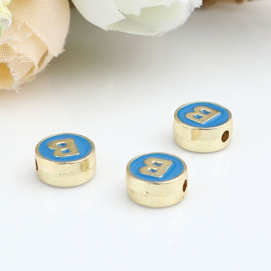 Picture of Zinc Based Alloy Spacer Beads Flat Round Gold Plated Blue Initial Alphabet/ Capital Letter Message " B " About 8mm Dia., Hole: Approx 1.5mm, 10 PCs