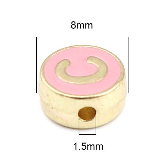 Picture of Zinc Based Alloy Spacer Beads Flat Round Gold Plated Pink Initial Alphabet/ Capital Letter Message " C " About 8mm Dia., Hole: Approx 1.5mm, 10 PCs