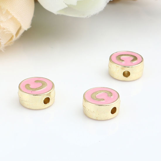 Picture of Zinc Based Alloy Spacer Beads Flat Round Gold Plated Pink Initial Alphabet/ Capital Letter Message " C " About 8mm Dia., Hole: Approx 1.5mm, 10 PCs