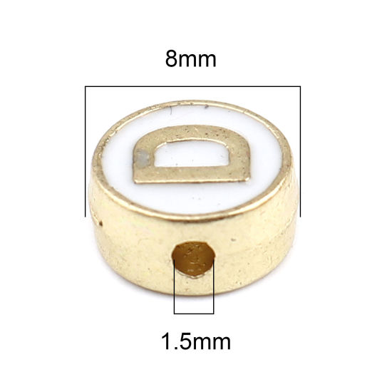 Picture of Zinc Based Alloy Spacer Beads Flat Round Gold Plated White Initial Alphabet/ Capital Letter Message " D " About 8mm Dia., Hole: Approx 1.5mm, 10 PCs