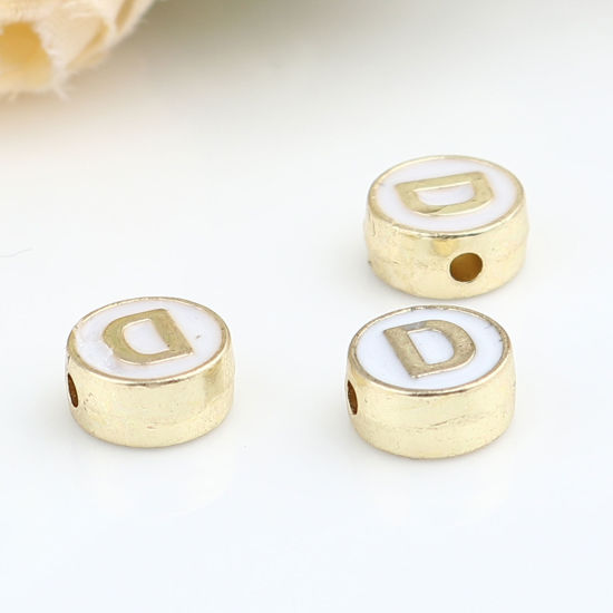 Picture of Zinc Based Alloy Spacer Beads Flat Round Gold Plated White Initial Alphabet/ Capital Letter Message " D " About 8mm Dia., Hole: Approx 1.5mm, 10 PCs
