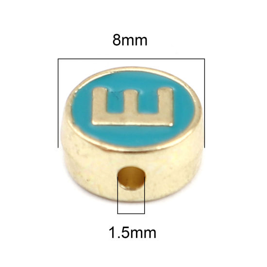 Picture of Zinc Based Alloy Spacer Beads Flat Round Gold Plated Peacock Green Initial Alphabet/ Capital Letter Message " E " About 8mm Dia., Hole: Approx 1.5mm, 10 PCs