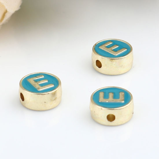 Picture of Zinc Based Alloy Spacer Beads Flat Round Gold Plated Peacock Green Initial Alphabet/ Capital Letter Message " E " About 8mm Dia., Hole: Approx 1.5mm, 10 PCs