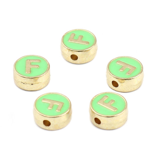 Picture of Zinc Based Alloy Spacer Beads Flat Round Gold Plated Green Initial Alphabet/ Capital Letter Message " F " About 8mm Dia., Hole: Approx 1.5mm, 10 PCs