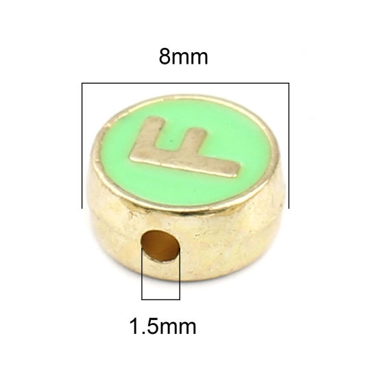 Picture of Zinc Based Alloy Spacer Beads Flat Round Gold Plated Green Initial Alphabet/ Capital Letter Message " F " About 8mm Dia., Hole: Approx 1.5mm, 10 PCs
