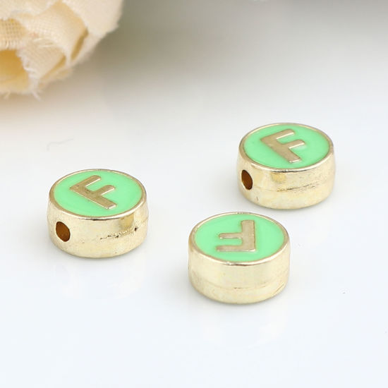Picture of Zinc Based Alloy Spacer Beads Flat Round Gold Plated Green Initial Alphabet/ Capital Letter Message " F " About 8mm Dia., Hole: Approx 1.5mm, 10 PCs