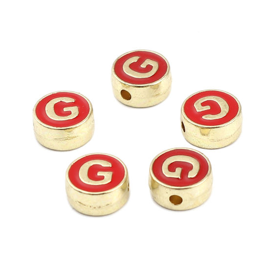 Picture of Zinc Based Alloy Spacer Beads Flat Round Gold Plated Red Initial Alphabet/ Capital Letter Message " G " About 8mm Dia., Hole: Approx 1.5mm, 10 PCs