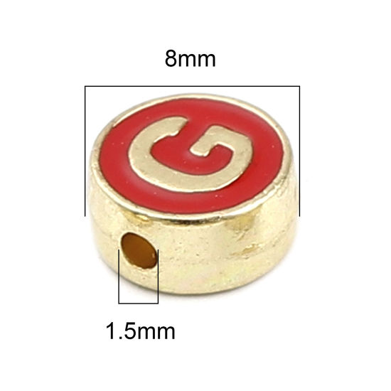 Picture of Zinc Based Alloy Spacer Beads Flat Round Gold Plated Red Initial Alphabet/ Capital Letter Message " G " About 8mm Dia., Hole: Approx 1.5mm, 10 PCs