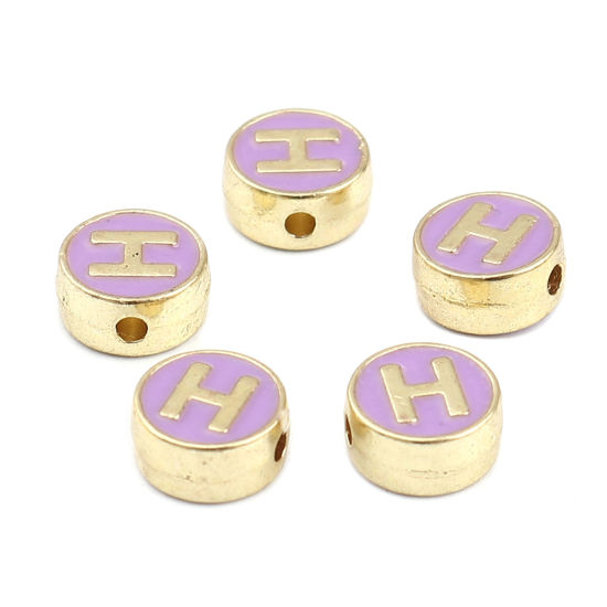 Picture of Zinc Based Alloy Spacer Beads Flat Round Gold Plated Purple Initial Alphabet/ Capital Letter Message " H " About 8mm Dia., Hole: Approx 1.5mm, 10 PCs
