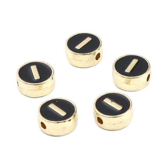 Picture of Zinc Based Alloy Spacer Beads Flat Round Gold Plated Black Initial Alphabet/ Capital Letter Message " I " About 8mm Dia., Hole: Approx 1.5mm, 10 PCs