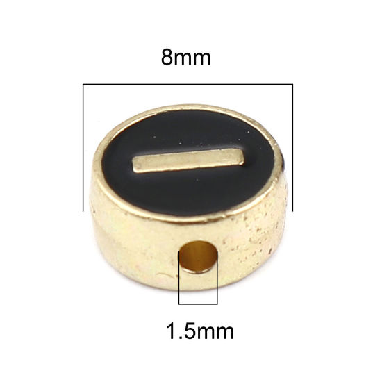 Picture of Zinc Based Alloy Spacer Beads Flat Round Gold Plated Black Initial Alphabet/ Capital Letter Message " I " About 8mm Dia., Hole: Approx 1.5mm, 10 PCs