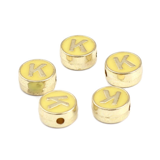 Picture of Zinc Based Alloy Spacer Beads Flat Round Gold Plated Yellow Initial Alphabet/ Capital Letter Message " K " About 8mm Dia., Hole: Approx 1.5mm, 10 PCs
