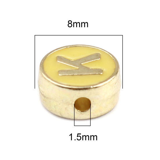 Picture of Zinc Based Alloy Spacer Beads Flat Round Gold Plated Yellow Initial Alphabet/ Capital Letter Message " K " About 8mm Dia., Hole: Approx 1.5mm, 10 PCs