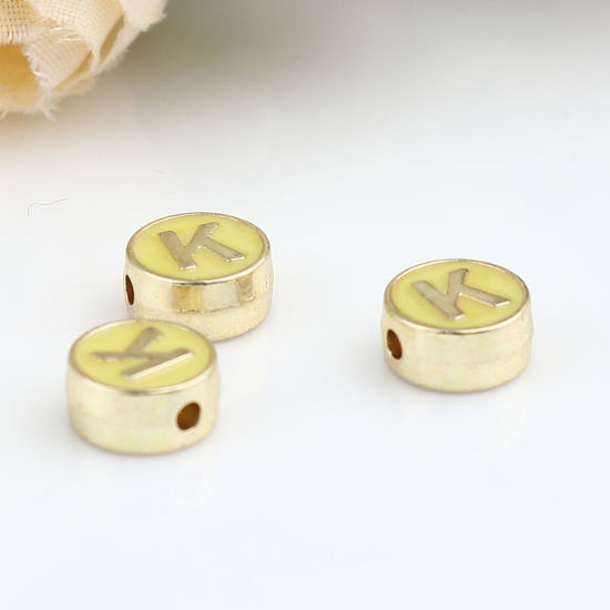 Picture of Zinc Based Alloy Spacer Beads Flat Round Gold Plated Yellow Initial Alphabet/ Capital Letter Message " K " About 8mm Dia., Hole: Approx 1.5mm, 10 PCs